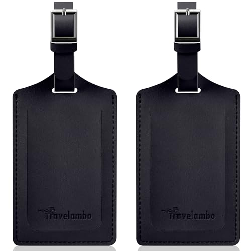Travelambo Luggage Tags for Suitcases Faux Leather Privacy Protection 2 Pack Bag Tags Travel Accessories Essential, Black