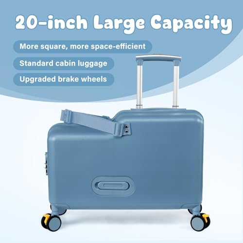 20" Ride on Suitcase for Kids, Carry On Luggage with Kid Seat, Foldable Handlebars Pedals and Removable Wheels Holds up to 110 lbs Luggage Travel Rolling Suitcases for Boys Girls (Blue)