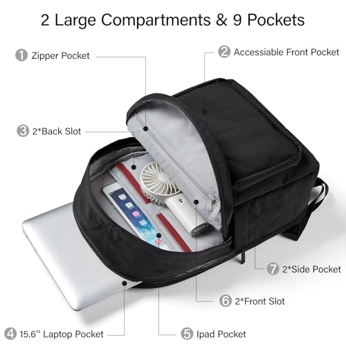 Hanke Travel Backpack for Women Men, 15.6 Inch Laptop College Backpack, Lightweight Small Computer Bookbag, Water-Resistant Casual Daypack, Black