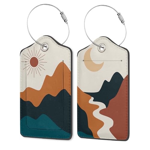 Abstract Landscape PU Leather Luggage Tags for Suitcase, Boho Sun Moon Mountains Travel Cruise 2 Pack with Privacy Flap, Name ID Label and Metal Loop for Women Men Girls Baggage Backpack