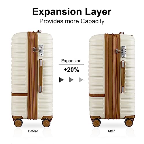 Joyway Luggage Set 3 Piece Suitcase Sets with Spinner Wheel,Hardside Expandable Travel Laggage with TSA Lock (13/20/24/28 White brown
