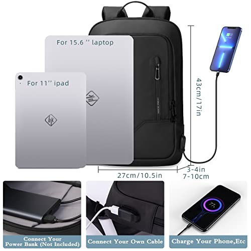 hk Backpack for Men Business Slim Backpack with USB Charger Computer Lightweight Anti-theft Travel Backpacks 15.6 inch Water Resistant Laptop Bag for Work Office College-Black