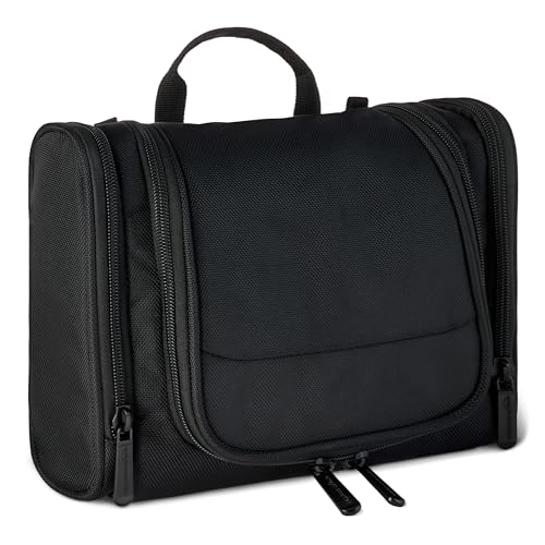 Amazon Essentials Spacious Toiletry Bag, Hanging Cosmetic Dopp Kit with Multiple Compartments, Durable 1680D Polyester, Large Capacity Storage, Compact Design, Black (Previously Amazon Basics)