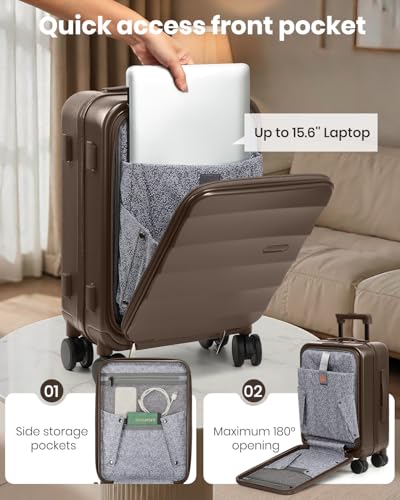 Joyway Luggage Set 5 Piece Top Opening Suitcase Set with Spinner Wheel and TSA Lock, PC Hard Shell Carry on Luggage with Front Pocket, Suitcase with Backpack and Foldable Storage Bag (Coffee)