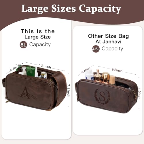 Janhavi Shaving Bag for Men Travel Waterproof, Engraved Initials & Mountain, Make Up Bag,Groomsmen Gifts, Mens Toiletry Travel Bag, Men's Accessories Organizer, Gifts for Him(Dark Brown M)