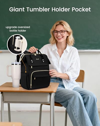 LOVEVOOK Laptop Backpack for Women with Giant Tumbler Holder Pocket,15.6 inch Waterproof Travel Backpack Purse Computer Laptop Bag,Professional Work College Nurse Teacher Backpack Casual Daypack,Black