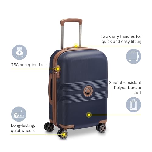 DELSEY PARIS Flanerie SE - Hardside Carry-On Luggage 19 Inch - 360° Dual Spinner Wheels - TSA Lock - Lightweight Polycarbonate Travel Suitcase with Vegan Leather, Navy
