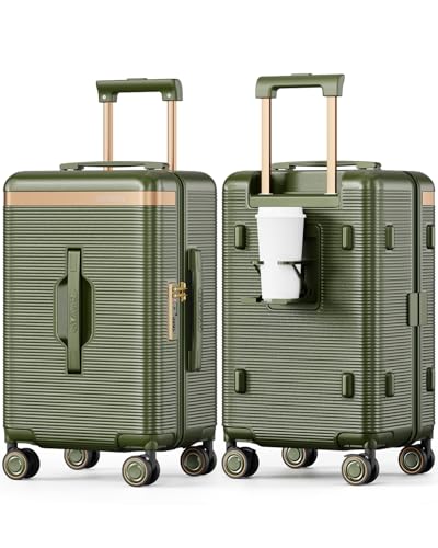 Joyway 22 Inch Carry on Luggage with Cup Holder, Hard Shell Carry-on Suitcases with Shock Absorbing Spinner Wheels, Lightweight Luggage with TSA Lock for Women Men, Green