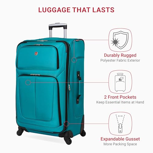 SWISSGEAR Sion Softside Expandable Spinner Luggage Durable Lightweight Travel Suitcase, Teal, Checked-Large