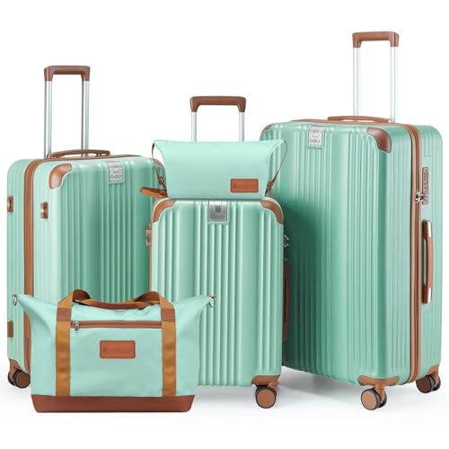 CASELLY Luggage Set 3 Piece with Cup Holder,Hardshell TSA Lock Spinner Wheels Carry on Lightweight Suitcase，Hook and YKK Zipper Fathers Day Gift for Dad Men Husban(Green, 5 piece sets(20/24/28/DB/TB))