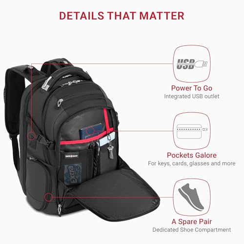 SwissGear Travel Tech Elite Laptop Backpack – Fits Laptops up to 16” – ScanSmart TSA-Friendly Backpack with USB Port, Shoe Compartment & Organizer Pockets – Heather Grey