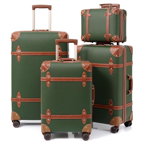 NZBZ Vintage Luggage Sets for Women, PU Leather Retro Suitcase, Vintage Trunk Luggage, Vintage Suitcase Set (Dark Green, 4-Piece-Set(14/20/24/28))