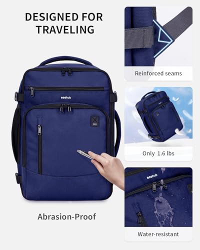 ECOHUB 17" Small Travel Backpack, United Airlines Personal Item Bag 17x10x9 with 16 Pockets, Water Resistant Rucksacks Fit 15.6" Laptop, AirTag Pocket, Lightweight Casual Daypack, 25L, Blue