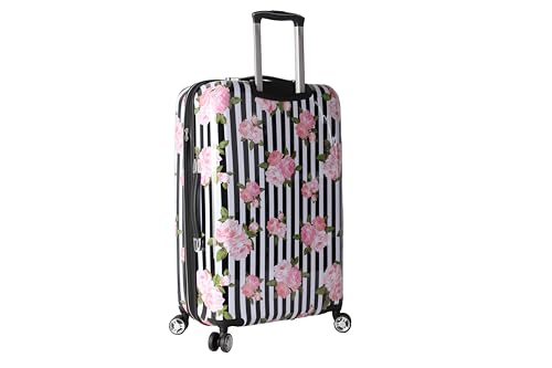 Betsey Johnson 26 Inch Checked Luggage Collection - Expandable Scratch Resistant (ABS + PC) Hardside Suitcase - Designer Lightweight Bag with 8-Rolling Spinner Wheels (Stripe Roses)