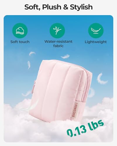 BAGSMART Small Travel Makeup Bag for Purse Toiletry Pouch, Puffy Padded Mini Cosmetics Bag, Cute Make Up Pouch for Women with Slip-in Pocket, Travel Essentials for Toiletries, Baby Pink