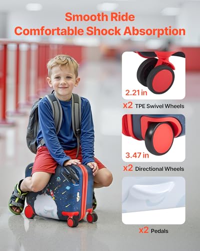 VEVOR Ride-on Luggage, 26 L Capacity, 18 Inches Tow Along Toddler Carry on Luggage with Wheels, Adjustable Shoulder Strap, Lightweight Kids Riding Suitcase for Boys & Girls Aged 3+, Blue & White