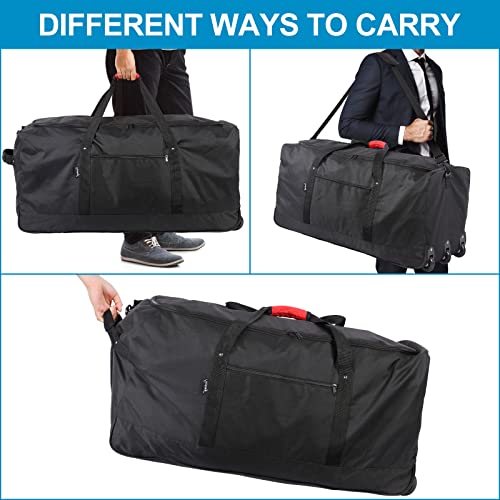 Finnhomy 120L Foldable Rolling Duffel Bag with 3 Wheels, Light Weight Travel Duffel bag with Large Loading Capacity, 32'' Rolling Duffel bag with Shoulder Strap (Black)
