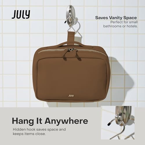 July Hanging Toiletry Bag with Hidden Hook, Clear & Leak-Resistant PVC Pocket, Toothbrush Tab, Water-Resistant Nylon and Leather Trims - Travel Essentials Bag, Bathroom Travel Organizer - Light Brown