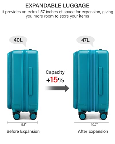 Hanke 20 Inch Expandable Carry On Luggage with Cup Holder 22x14x9 Airline Approved, Top Opening Hard Shell Suitcases with Wheels, Carry-On Travel Suitcase Trunk Luggage with Lock, Caribbean Blue