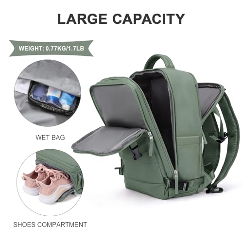 coowoz Travel Backpack For Women Men,Carry On Backpack,Hiking Backpack Waterproof Outdoor Sports Rucksack Casual Daypack Travel Essentials(Olive Green)