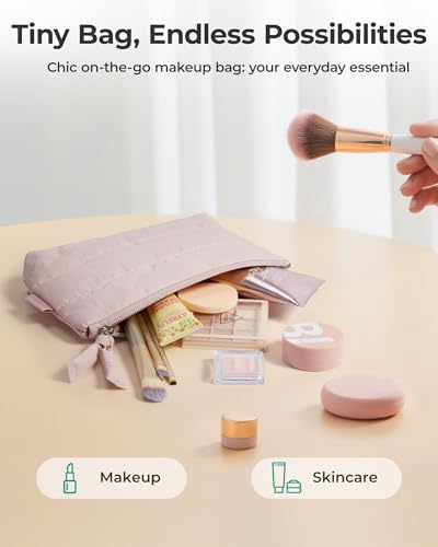 BAGSMART Small Makeup Bag, Puffy Portable Cosmetic Pouch with Charm Zipper, Water-Resistant Travel Organizer for Women (Baby Pink, Small)
