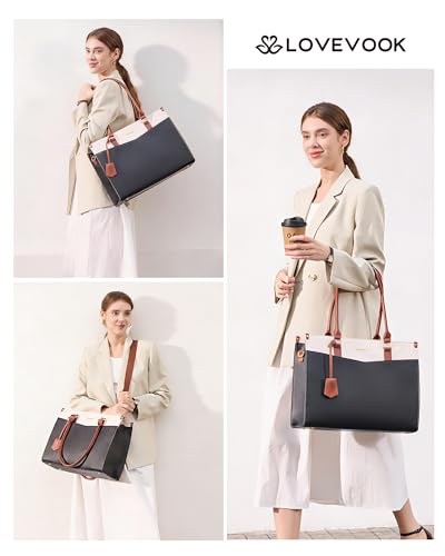 LOVEVOOK Laptop Bag for Women, 2-in-1 Tote Purse with Clutch & Cup Holder, Waterproof Briefcase for Work Travel, Large Capacity Structured Work Bag 15.6 Inch, Black-Beige-Brown