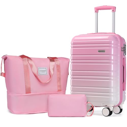 LARVENDER Luggage Sets 3 Piece, 20 Inch Carry on Luggage 22x14x9 Airline Approved Hardside PC+ABS Suitcase Set with Spinner Wheels TSA Lock, Lightweight Luggage Set for Women, Peach Sparkling