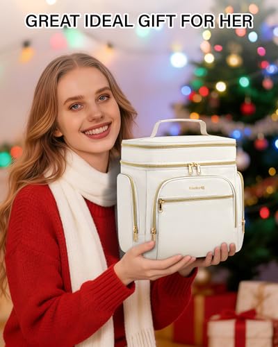 Hanke Large Toiletry Bag for Women Travel, Double Layer Organizer with Wide Opening for Full-Size Cosmetics & Toiletries, 12.2L Water-Resistant Makeup Bag,Off White