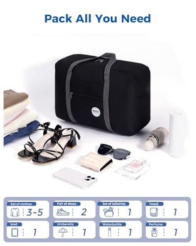 WANDF For Spirit Airlines Personal Item Bag 18x14x8 Travel Duffel Bag Underseat Foldable Carry-on Luggage for Women（A-Black）