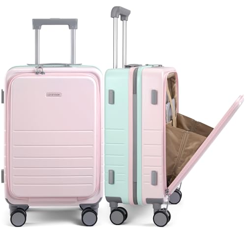 LOVEVOOK Hard Shell Carry On Luggage 22x14x9 Airline Approved,22 Inch Cute Carry On Suitcase with Spinner Wheel TSA Lock,Lightweight Travel Luggage Rolling Suitcase,Gifts for Men Women,Pink-Mint green