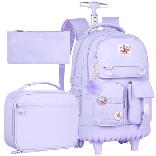 CCJPX Rolling Backpack for Girls Women, 21 inch Roller Wheels School Bookbag, Wheeled Suitcase Backpacks with Lunch Bag for Teen - Purple