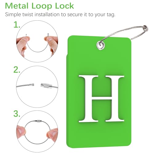 Gostwo 2 Pack Luggage Tags for Suitcases, 26 Initial Letter Travel Luggage Baggage Identification Labels ID Tag Fully Bendable Tags with Stainless Steel Loop (Green) (Letter H)