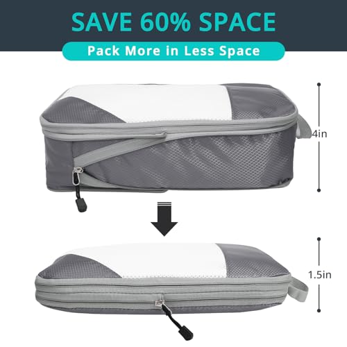 NICOSHOW 6 Set Compression Packing Cubes for Travel - Compressible, Lightweight, and Space-Saving Packing Cubes, Travel Essentials for Women, Grey