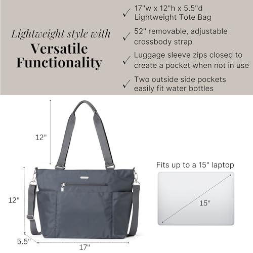 Baggallini Essential Laptop Tote - Work Tote Bag with Laptop Sleeve - Lightweight Travel Crossbody Shoulder Bag for Women, Charcoal Gray