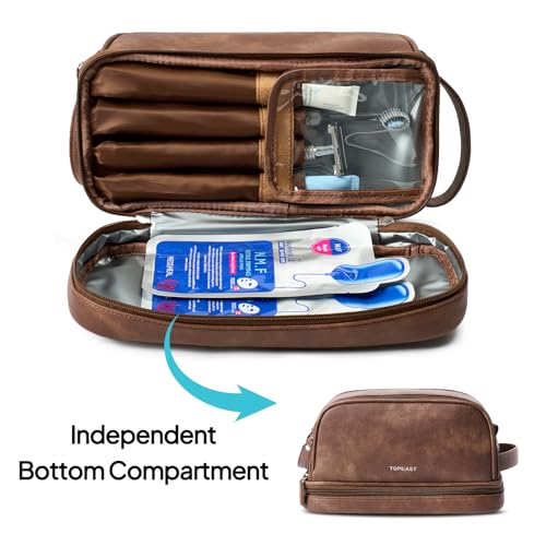 TOPEAST Toiletry Bag for Men, Large PU Leather Dopp Kit with Waterproof Wet Pocket, Double Layer Travel Toiletry Organizer with Brush Compartment, Shaving Bag with Handle, Brown
