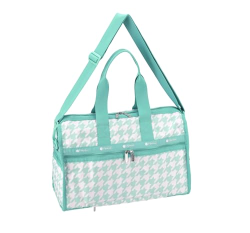 LeSportsac Willow Check Deluxe Medium Weekender Crossbody Bag, Style 4318/Color E880, Delicate Mint Green & Crisp White Interpretive Large Format Houndstooth Check, Light Teal Trim
