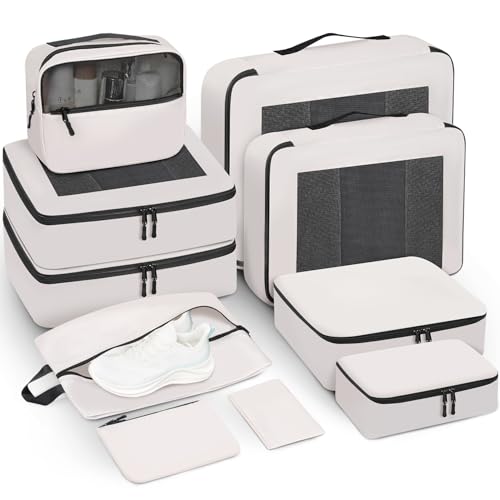 Prezon Mesh Packing Cubes for Travel, Durable Luggage Organizer with Sturdy Material and Double Zippers, Comprehensive Set for Travel Accessories Storage, 10 set, cream