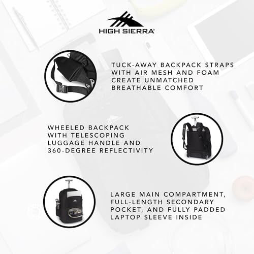 High Sierra Freewheel Pro Wheeled Backpack, Rolling Laptop Bag for Travel, Fits most 15” Laptops, 40L, Black