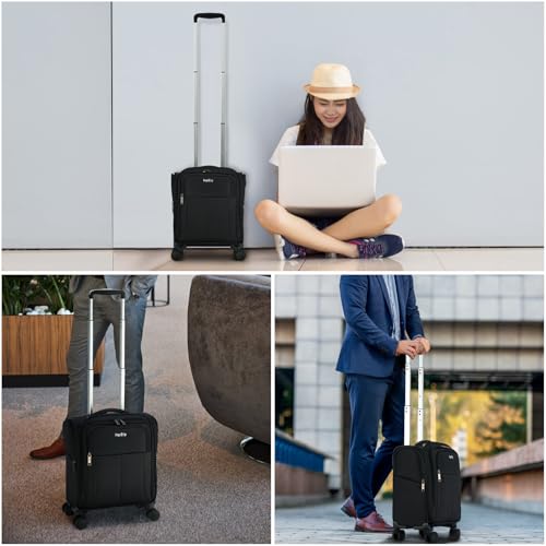 HanTrip 16 Inch Underseat Carry On Luggage with Wheels Softside Small Suitcases Personal Item Bag with Pocket Travel Luggage for Men Women Business Overnight Bag(Black)