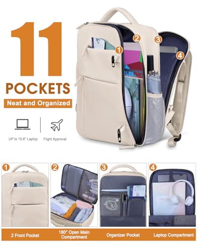 Capolo Travel Backpack for Women Men Waterproof Laptop Backpack Airlines Approved Carry On Backpack Bag Computer Bookbag for Business, Work, Traveling Fits 15.6 Inch Laptop(Beige)
