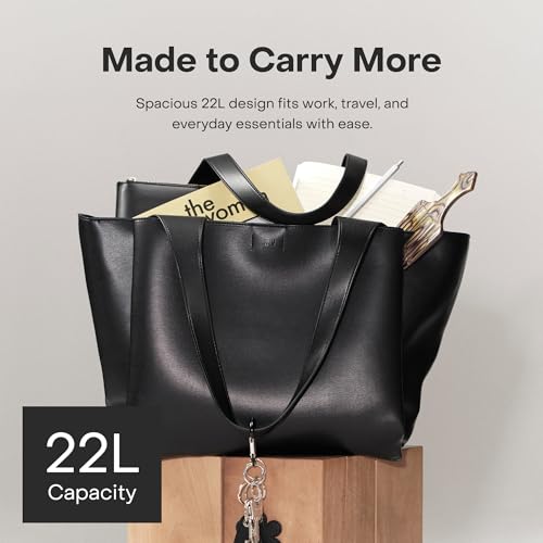 July Juliette Soft Large Tote - Tote Bag for Women with Laptop Sleeve, Detachable Crossbody Strap, Pass-Through Band, Drink Bottle Holder, Modern Tote Bag for Work, Travel, 22L - Black