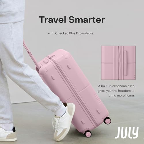 July Checked Plus Expandable - 28.75" Airline Approved Check In Luggage with Wheels, Rolling Suitcase for Men & Women - TSA Lock, Silent Spinner Wheels, Expansion Zip, Y-Strap - Blush Pink
