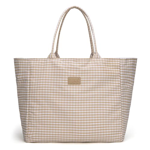 Lee Gingham Tote Bag for Women, Extra Large Cotton Shoulder Bag, Casual Cute Plaid Tote Bag Lightweight Beach Handbag, Multipurpose Reusable Grocery for Travel, Shopping, Weekender, LEE64-001TN