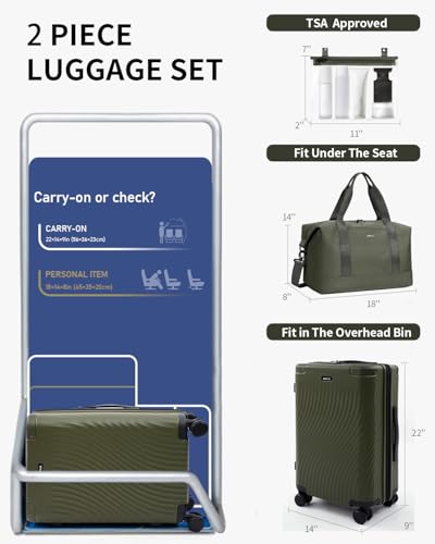 ECOHUB Hardside Expandable Carry On Luggage, 20" Rolling Luggage 22x14x9 Airline Approved with Spinner Wheels & TSA Lock, Lightweight Small Hardshell Travel Suitcase Valises, 20inch Carry-on Green
