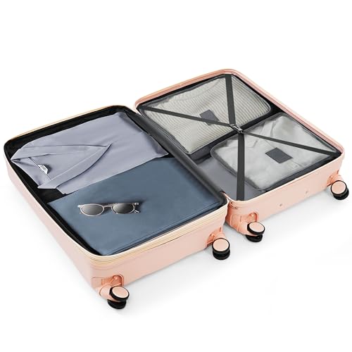 Merax 3 Piece Luggage Set with Cup Holder ABS Hardshell Lightweight Suitcase Sets Spinner Wheels Suitcase with TSA Lock, 20 Inch Airline Certified Carry-on Luggage, 20" 24" 28", Pink