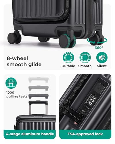 BAGSMART Top Opening Carry On Luggage 22x14x9 Airline Approved with TSA Lock, Expandable 20 Inch Deep Compartment Hard Shell Suitcases with Double Spinner Wheels, Black