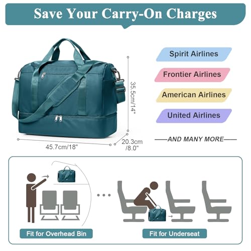 Travel Duffel Bag for Women, Carry-on Overnight Weekender Bags with Wet Pocket, For Spirit Airlines 18x14x8 Personal Item Bag,Small,Peacock Blue