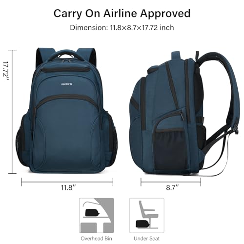 Hanke Carry-on Travel Backpack for Men Women - 18 Inch Travel Backpack Flight Approved Personal Item Size, TSA Lightweight College Large Backpack Fits 15.6" Laptop,with Luggage Strap(Navy Blue)