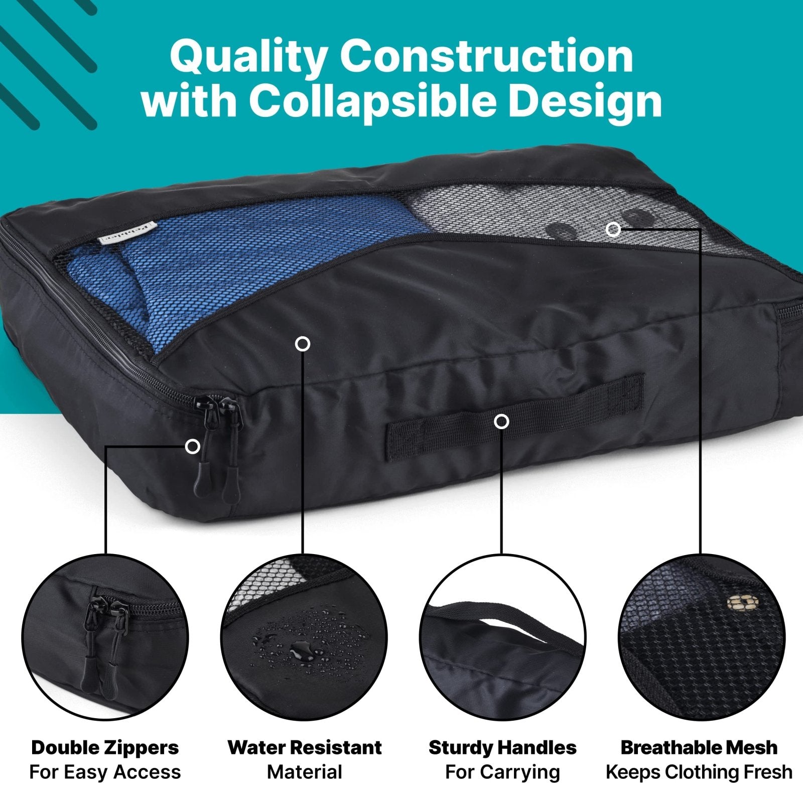 5 Piece Packing Cubes for Travel in Sizes (X - Large, Large, Medium, Small) by Pebbler | Organizers for Suitcases, Carry Ons, Duffle Bags, Backpacks, Moving | Bonus Laundry Bag (Midnight Black)