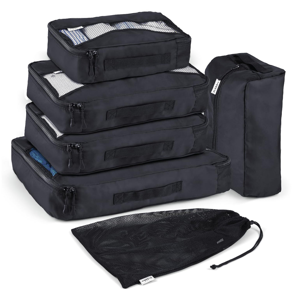 5 Piece Packing Cubes for Travel in Sizes (X-Large, Large, Medium, Small) by Pebbler | Organizers for Suitcases, Carry Ons, Duffle Bags, Backpacks, Moving | Bonus Laundry Bag (Midnight Black)